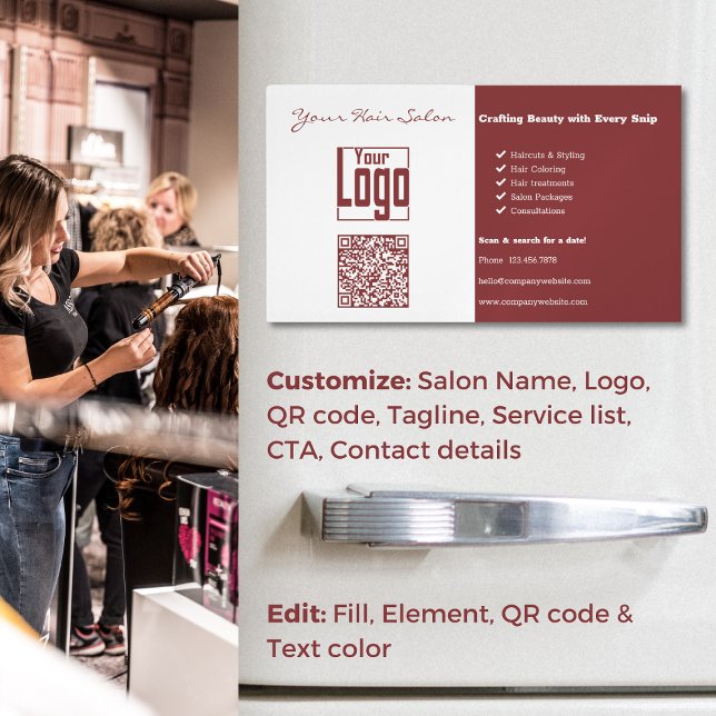 Cartão De Visitas Magnético Elegância de dois tons: Salão de cabelo profission (Dual-Tone Elegance: Professional Hair Salon Business Card Magnet, Custom Logo, QR code, Tagline)
