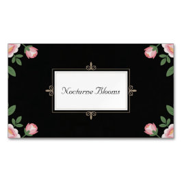 Cartão De Visitas Magnético Elegant Pink Rose Floral Gold Scroll Black