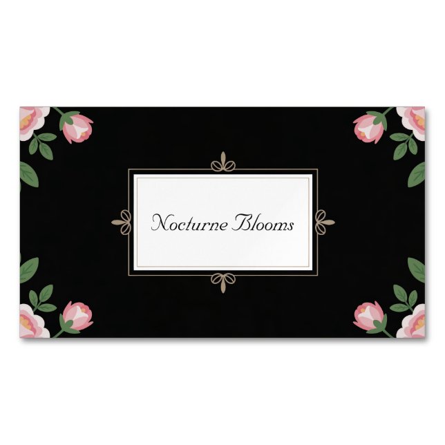 Cartão De Visitas Magnético Elegant Pink Rose Floral Gold Scroll Black (Frente)