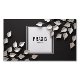 Cartão De Visitas Magnético Elegant Silver Leaf Branch Minimalist Black