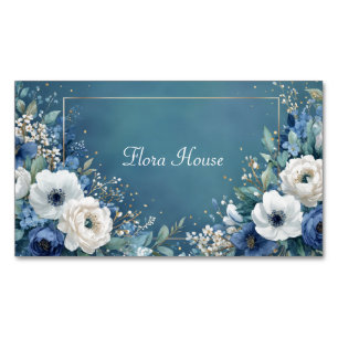 Cartão De Visitas Magnético Elegante Azul Naval Anêmona Branco Dourado Teal