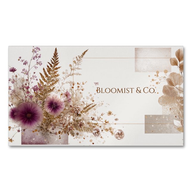 Cartão De Visitas Magnético Elegante Boêmian Rosa Botanical Dourado (Frente)
