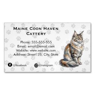 Cartão De Visitas Magnético Elegante Cattery Maine Coon Aquarela Personalizada