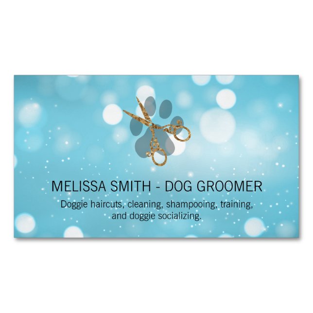 Cartão De Visitas Magnético Elegante Dog Groomer | Blue Boke (Frente)