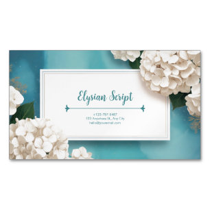 Cartão De Visitas Magnético Elegante Flor de Hortênsia Branca Teal Aquarela
