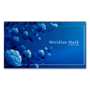 Cartão De Visitas Magnético Elegante Floral Monocromático Azul Luminoso