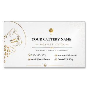Cartão De Visitas Magnético Elegante Gatinho Bengal Cattery Personalizado 