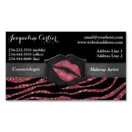 Cartão De Visitas Magnético Elegante Marsala Zebra Glitter Kiss Cosmetólogo
