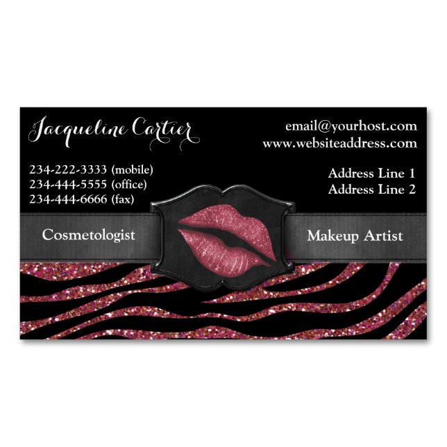 Cartão De Visitas Magnético Elegante Marsala Zebra Glitter Kiss Cosmetólogo (Frente)