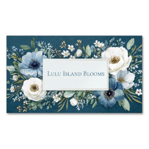 Cartão De Visitas Magnético Elegante Moldura Floral Branca Azul Poeirento Dour