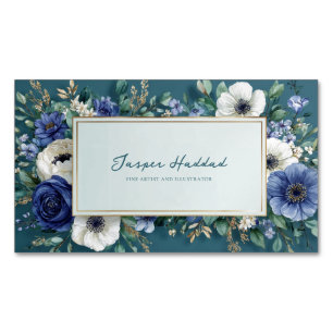 Cartão De Visitas Magnético Elegante Quadro Azul Naval Branco Floral Verde Águ