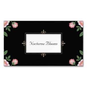 Cartão De Visitas Magnético Elegante Rosa Floral Dourado Rolagem Preto
