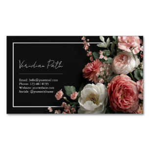 Cartão De Visitas Magnético Elegante Rosa Po dusty Preto Floral Peônia
