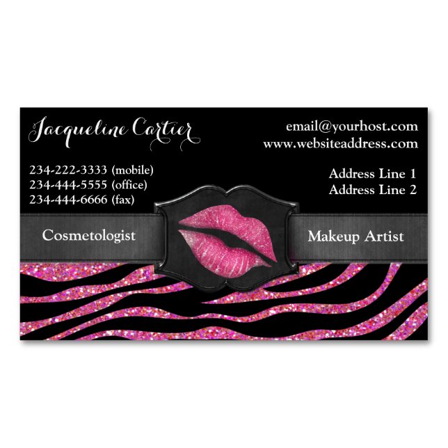 Cartão De Visitas Magnético Elegante Zebra Rosa Glitter Kiss Cosmetólogo (Frente)