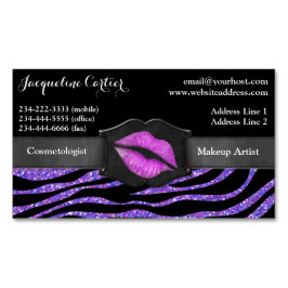 Cartão De Visitas Magnético Elegante Zebra Roxa Glitter Kiss Cosmetólogo