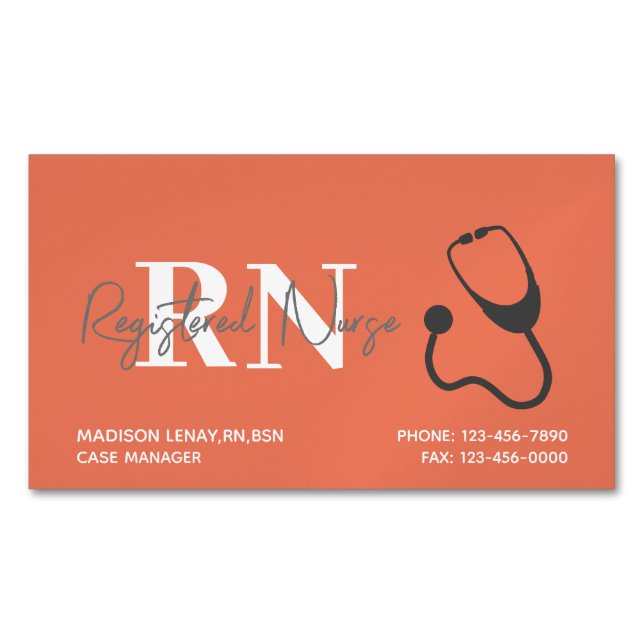 Cartão De Visitas Magnético Enfermeiro Coral Laranja Estetoscópio Hospital Méd (Frente)
