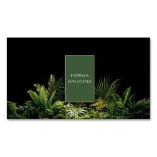 Cartão De Visitas Magnético Exuberante Vegetação Tropical Moldura Preto Dourad