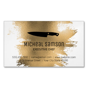 Cartão De Visitas Magnético Faca de Papel Gold Culinário de Chef