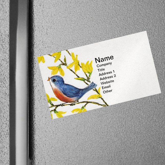 Cartão De Visitas Magnético Filiação de Árvore de Pássaro Azul Cantando em Bon (Little singing red and blue bird on branch yellow flowers on white magnetic business cards.)