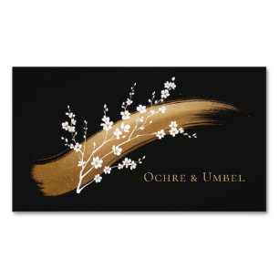 Cartão De Visitas Magnético Flor de Cerejeira Elegante Dourado Pincelada Preta
