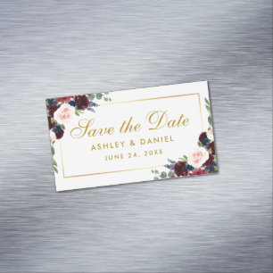 Cartão De Visitas Magnético Floral Azul Burgundy Salva A Data Mini Magnet