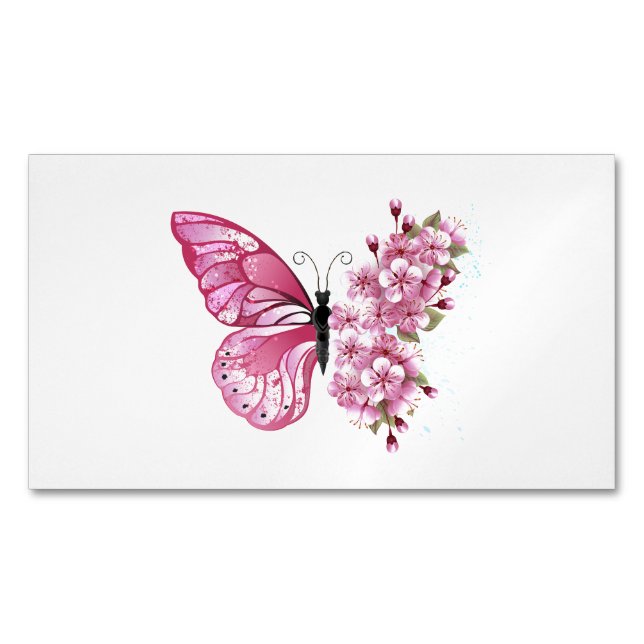 Cartão De Visitas Magnético Flower Butterfly with Pink Sakura (Frente)