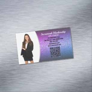 Cartão De Visitas Magnético Foto personalizada QR de folheto Roxo profissional