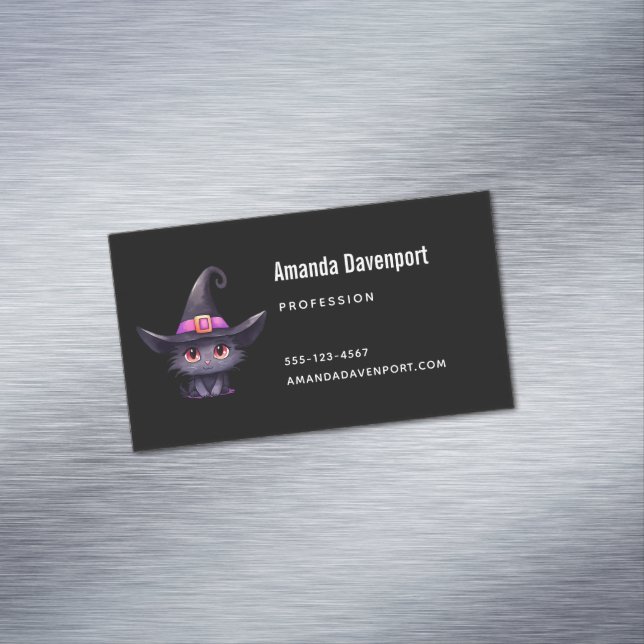 Cartão De Visitas Magnético Gato preto bonito Vestindo chapéu de bruxa (Posição Original)