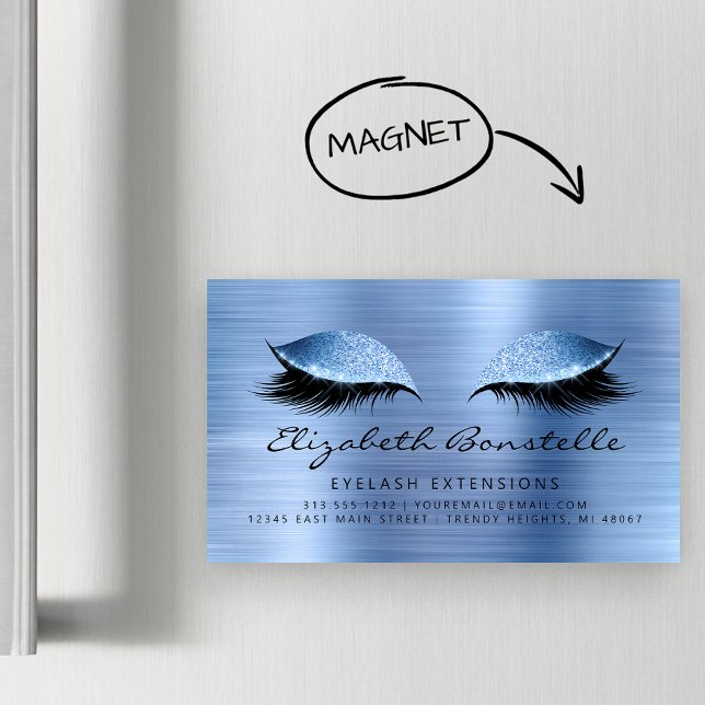 Cartão De Visitas Magnético Glitter Eyes Brushed Metal Lash Extensions Blue (Criador carregado)