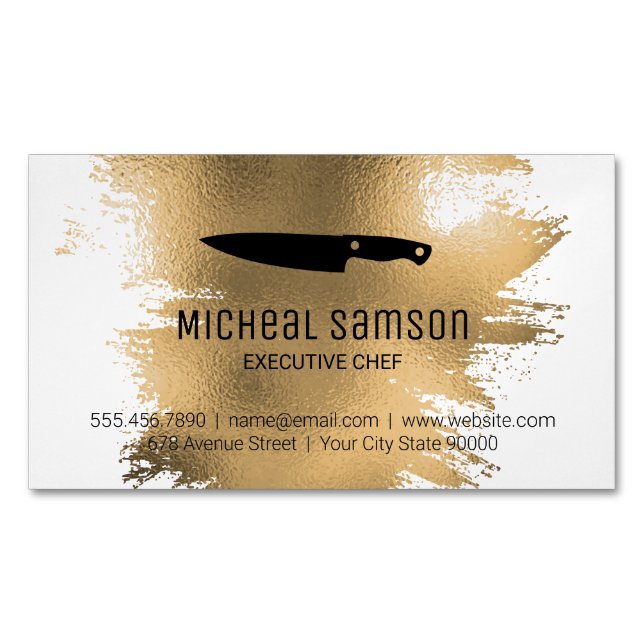 Cartão De Visitas Magnético Gold Foil Knife | Culinária de Chef (Frente)