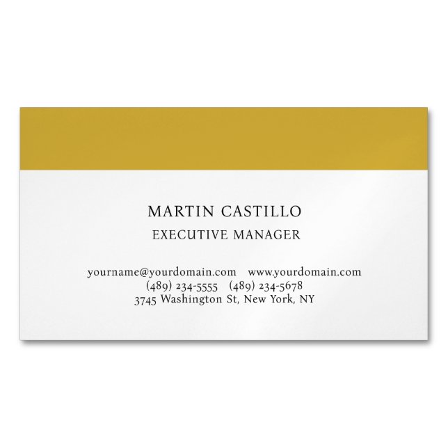 Cartão De Visitas Magnético Gold White Color Modern Professional Serif Font (Frente)