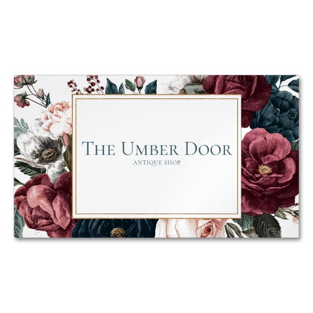 Cartão De Visitas Magnético Gothic Moody Floral Burgundy Teal Rose Gold Frame (Frente)