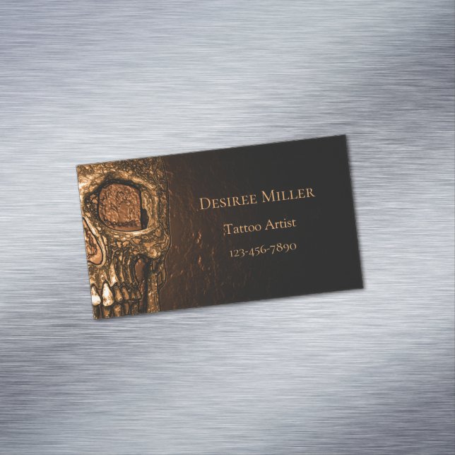 Cartão De Visitas Magnético Gótica Cara de Caveira Brilhando Dourado Compro de (Posição Original)