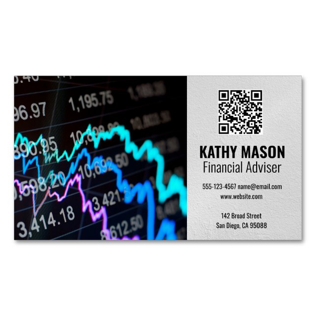 Cartão De Visitas Magnético Gráfico do mercado de ações | Código QR do logotip (Frente)