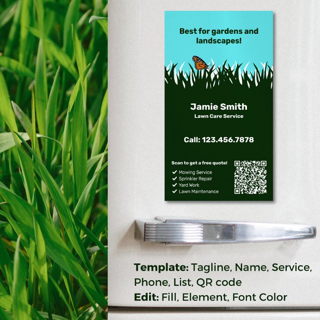 Cartão De Visitas Magnético 🌿 🦋 Green Harmony: Serviço Profissional de Saúde (Green Harmony: Professional Lawn Care Service Business Card Magnet)
