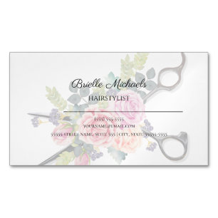 Cartão De Visitas Magnético Hairstylist Soft Floral Com Folhas De Corte De Cab