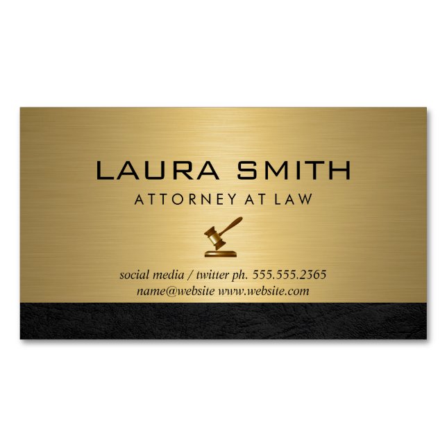 Cartão De Visitas Magnético Ícone Gavel | Procurador | Dourado Couro Metálico (Frente)