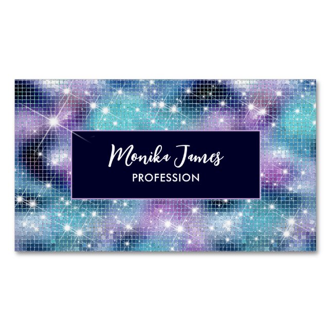 Cartão De Visitas Magnético Ícone Iridescente Lilac Azul Faux Glitter Monogram (Frente)