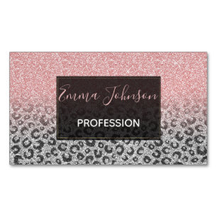 Cartão De Visitas Magnético Impressão do Leopardo Glitter Silver Dourado Elega
