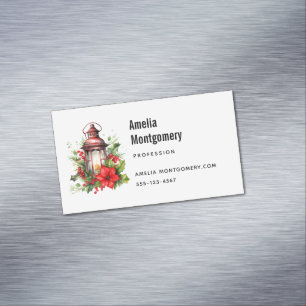 Cartão De Visitas Magnético Lanterna de Natal Vermelho Poinsettia e Pinheiro