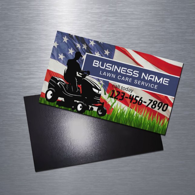 Cartão De Visitas Magnético Lawn Care & Landscaping Riding Mower USA Flag (Criador carregado)