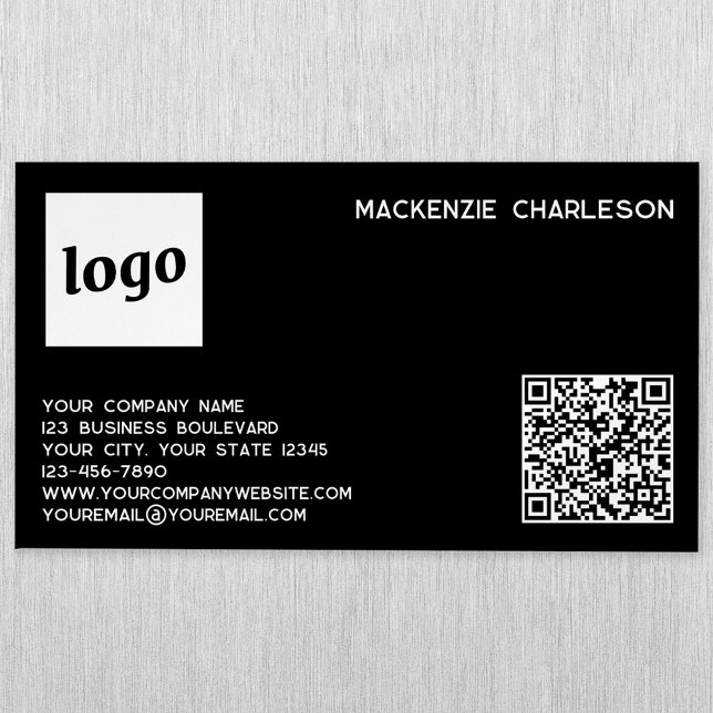 Cartão De Visitas Magnético Logotipo simples e código QR preto (Logo QR code with custom text black magnet business card)