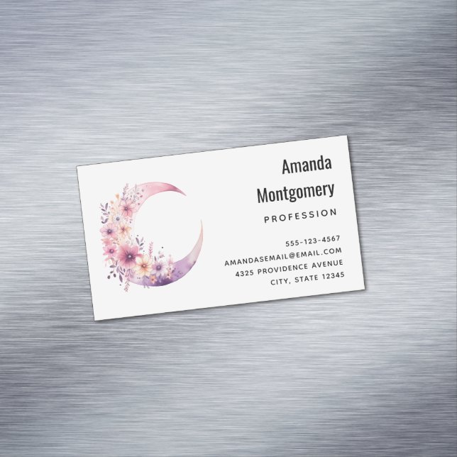 Cartão De Visitas Magnético Lua de Crescente Rosa com Flores Bonito (Posição Original)