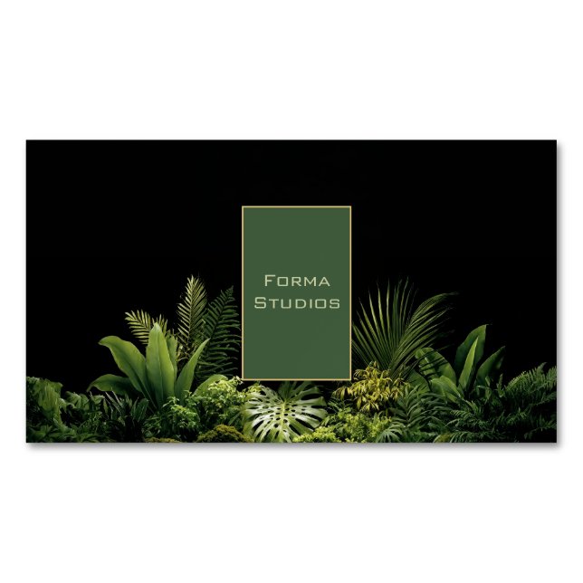 Cartão De Visitas Magnético Lush Tropical Greenery Black Gold Frame Botanical (Frente)