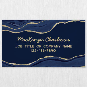 Cartão De Visitas Magnético Marinho Azul Marble Agate Glitter Dourado
