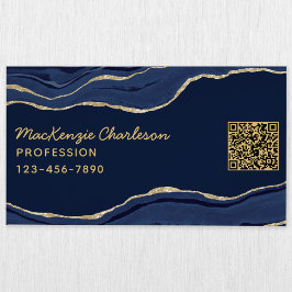 Cartão De Visitas Magnético Marinho Blue Marble Agate Dourado Glitter Código Q