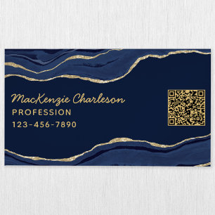 Cartão De Visitas Magnético Marinho Blue Marble Agate Dourado Glitter Código Q