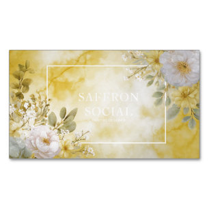 Cartão De Visitas Magnético Mármore Aquarela Amarela Floral Botânico Branco