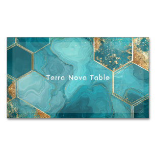 Cartão De Visitas Magnético Mármore Líquido Geométrico Hexágono Dourado Azul-e