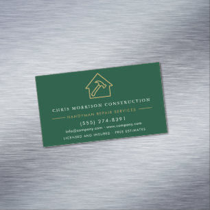Cartão De Visitas Magnético Metal Verde Dourado Mão de Obra Construção